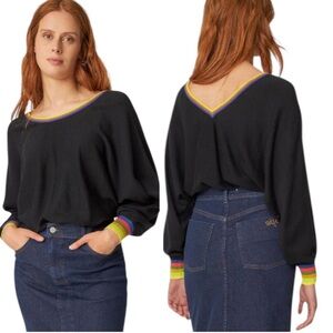 SKFK Olaitz GOTS Black Long Sleeve Organic Cotton Sweater Rainbow Cuffs Size 6